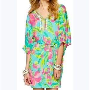 Lilly Pulitzer Wilda Caftan Tunic Dress Crystal Water Island Cocktail Pink Green